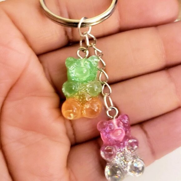 Handmade Green Orange Pink Silver Ombre Glitter Gummy Bear Keychain - Picture 3 of 7